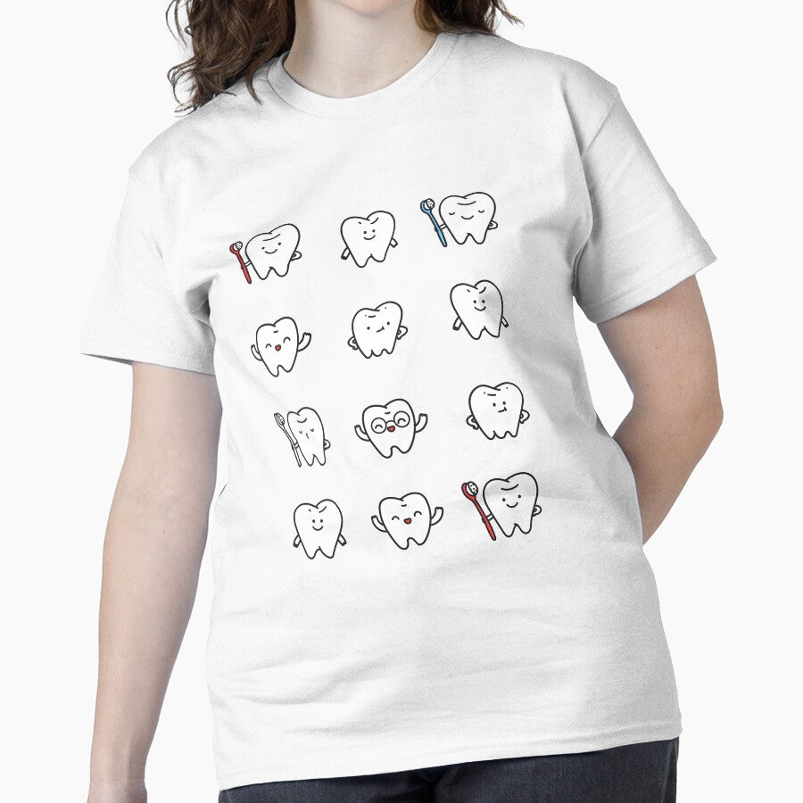 Funny teeth. Cute tooth art. Dentist pattern design. Classic T-Shirt